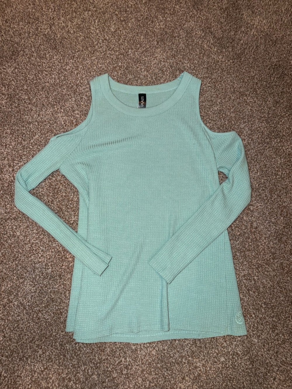 Cold-Shoulder Waffle Knit Long Sleeve Top in Mint Green